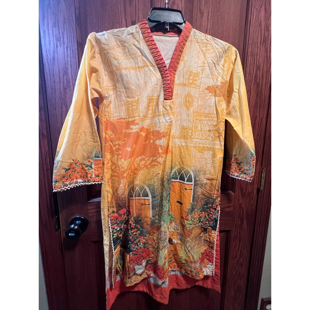 J. Pret Junaid Jamshed Women Orange Cotton Landscape Print Kurti Tunic Small 10